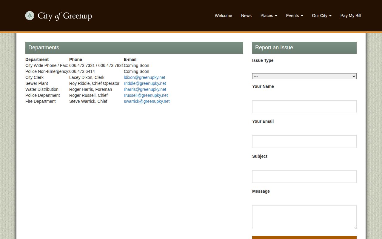 Greenup Police contact page for Greenup arrest and booking record requests