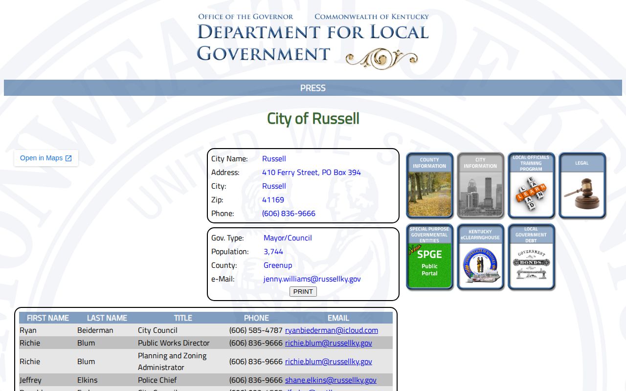 Russell city directory for Russell Police arrest record routing